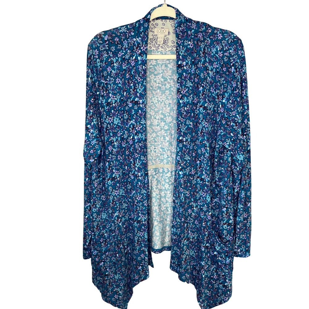 LOGO Lori Goldstein Blue Floral Open Front Cardigan Pockets Womens XL